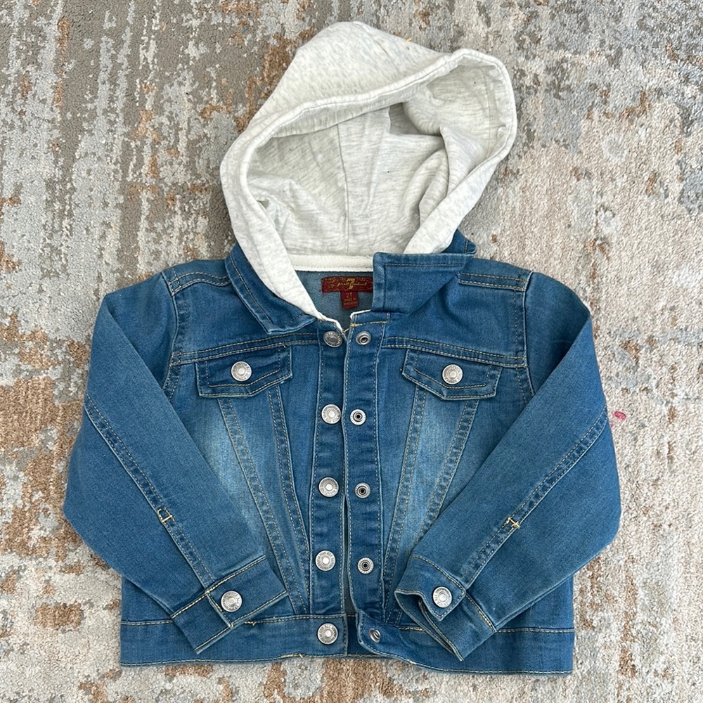 7 For All Mankind Blue Jean Jacket with Gray Hood